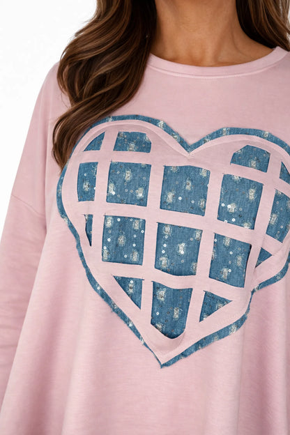 Sparkle Denim Heart Zip Side Detail Maria Sweatshirt - Baby Pink