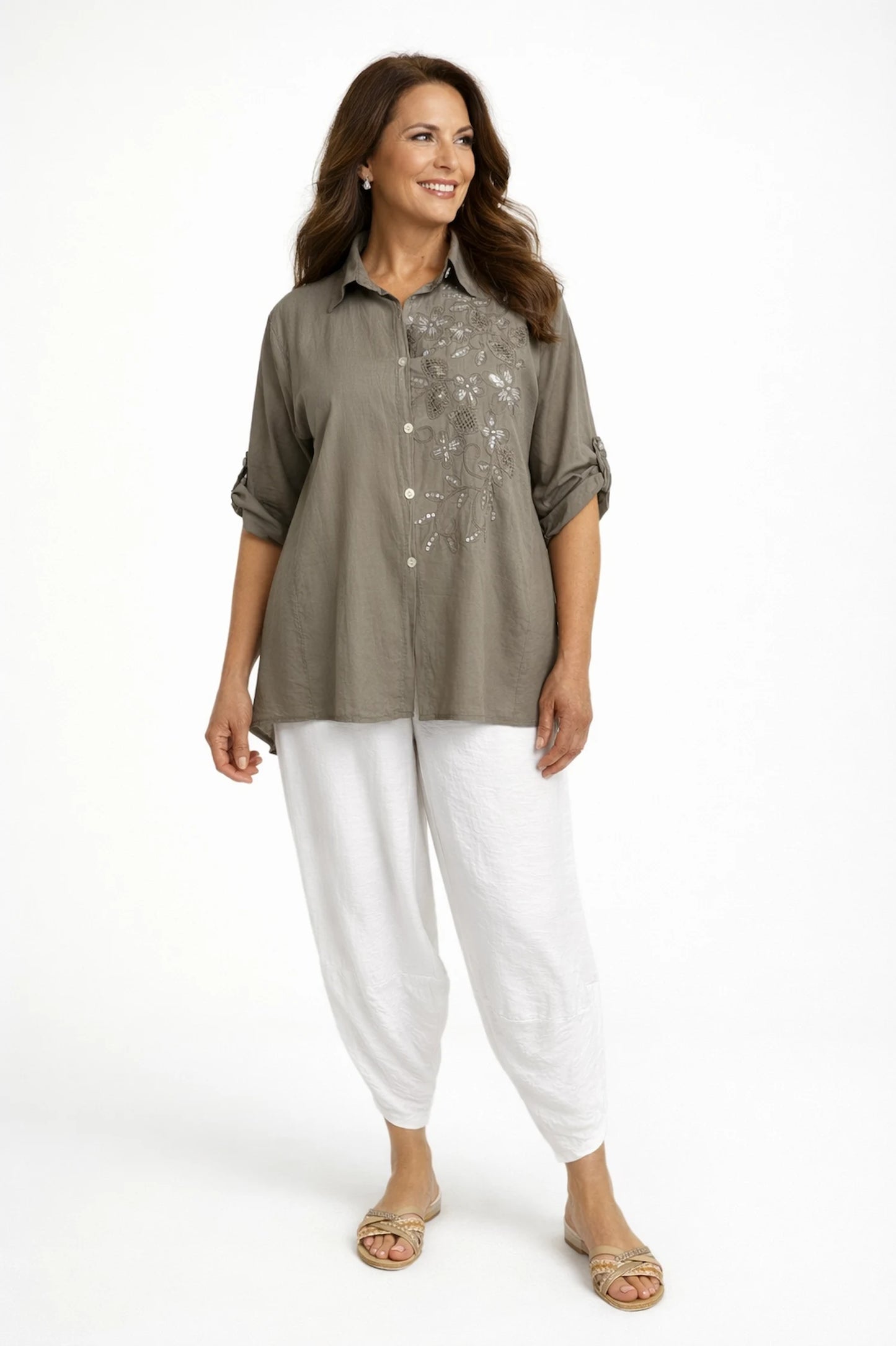 Cotton Embroidered Sequin Floral Button Sleeve Bella Lune Shirt - Mocha