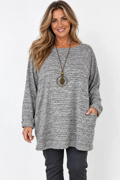 Arabella Tunic Double Pocket Necklace Top - Fleck Grey