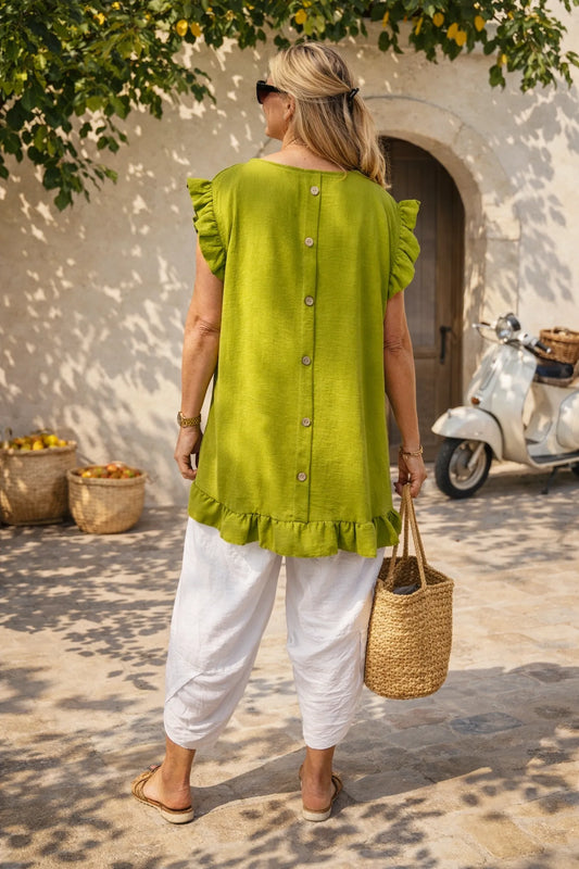 Button Back Cara Frill Top - Lime