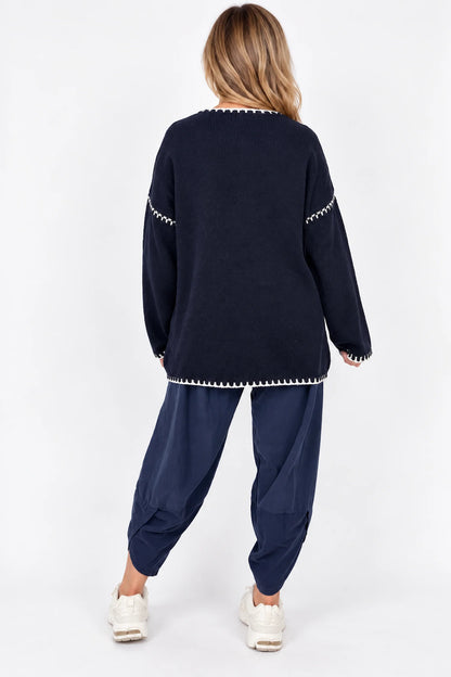 Pure Cotton Needlecord Double Panel Pocket Elasticated Waist Fara Pants - Navy