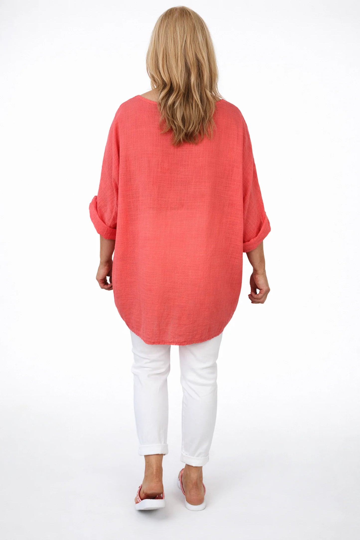 Pure Cotton Linen Look Italia Necklace Top - Coral