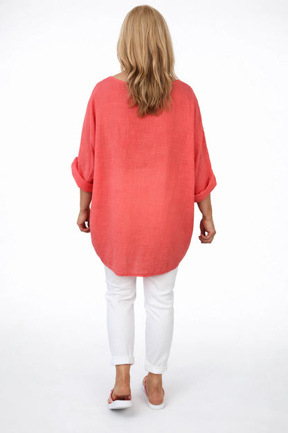 Pure Cotton Linen Look Italia Necklace Top - Coral