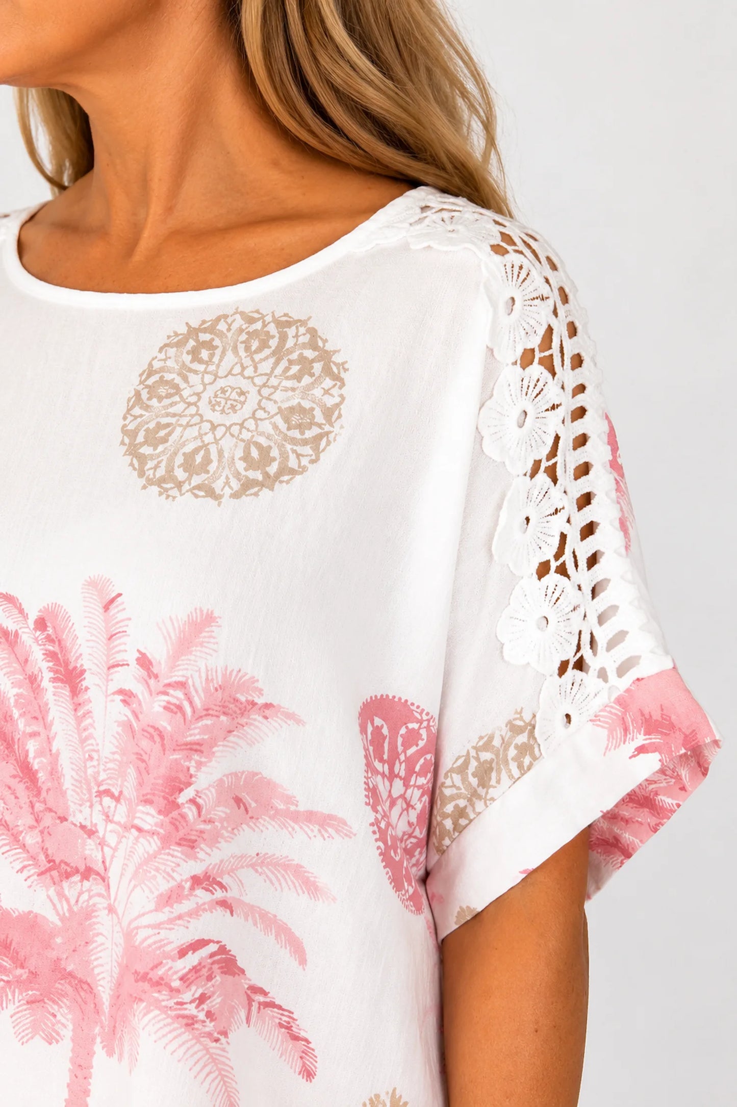 Embroidered Floral Crochet Sleeve Palm Top - Vintage Rose