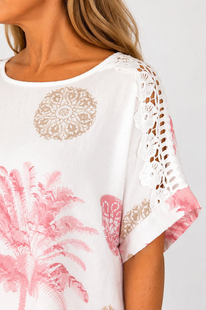 Embroidered Floral Crochet Sleeve Palm Top - Vintage Rose