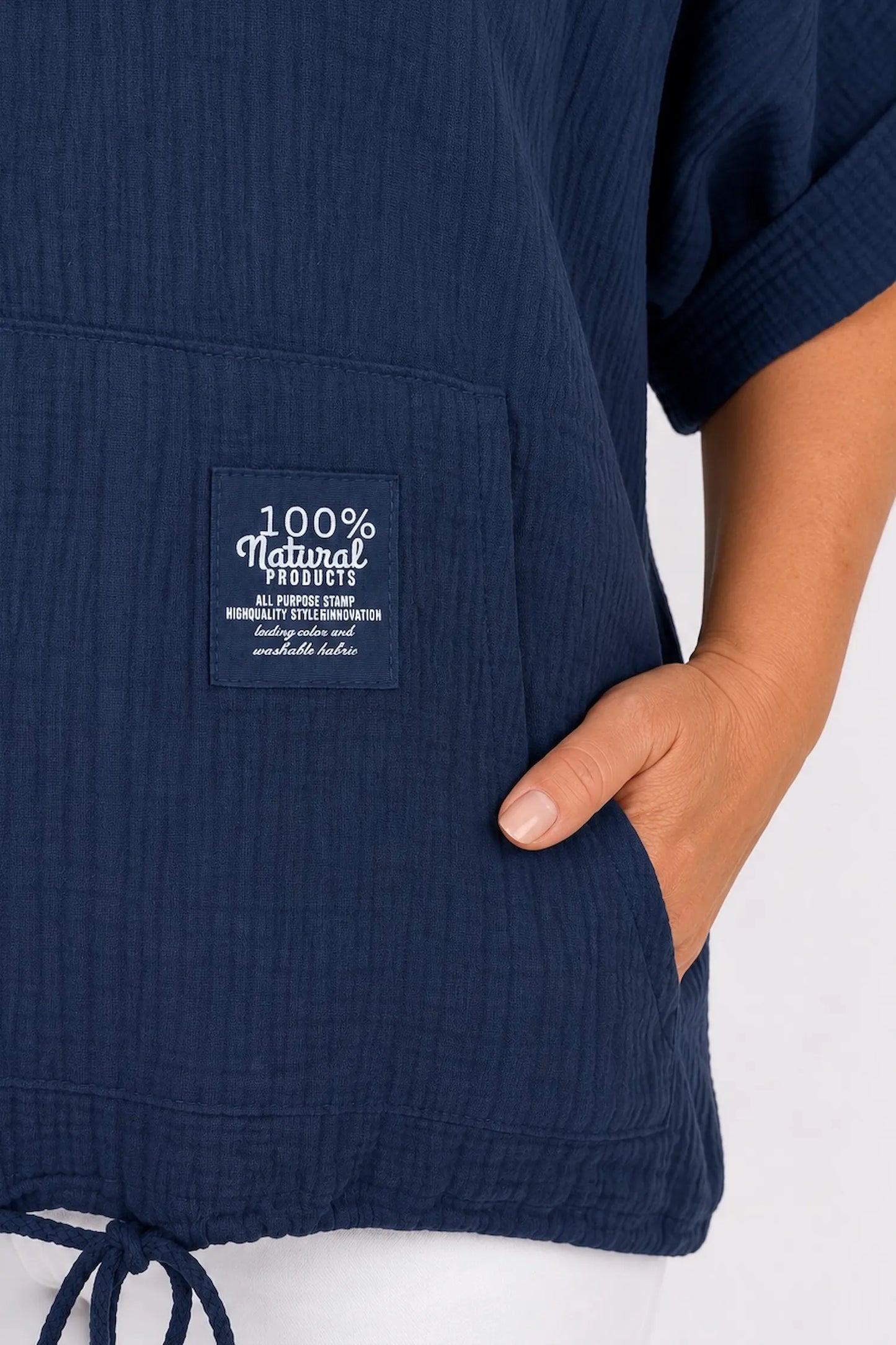 Pure Bubble Cotton Button Sleeve Badge Detail Pocketed Zara Hoodie - Navy