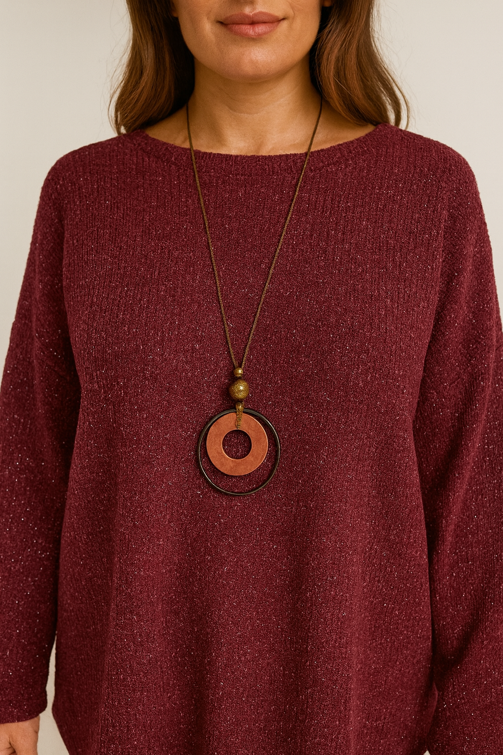 Wool Mix Sparkle Knit Venice Necklace Top - Wine