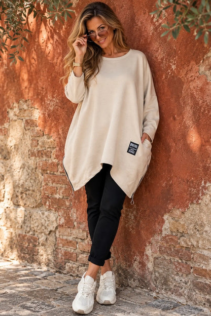 Zipped Hem Badge Detail Double Pocket Lorrie Top - Beige