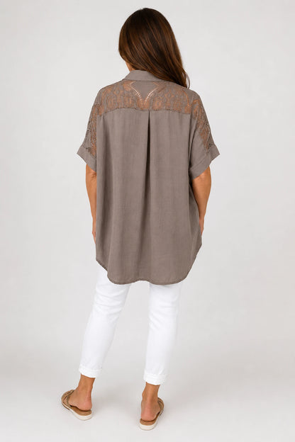 Lace Crochet Shoulder Alexandra Button Shirt - Mocha
