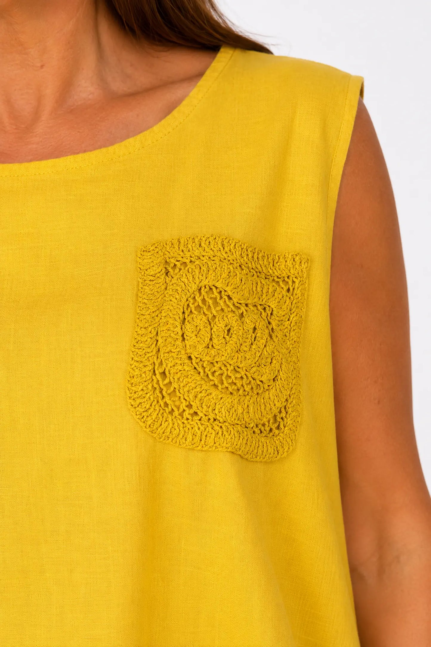 Linen Cotton Mix Button Back Embroidered Crochet Pocket Primrose Vest - Mustard