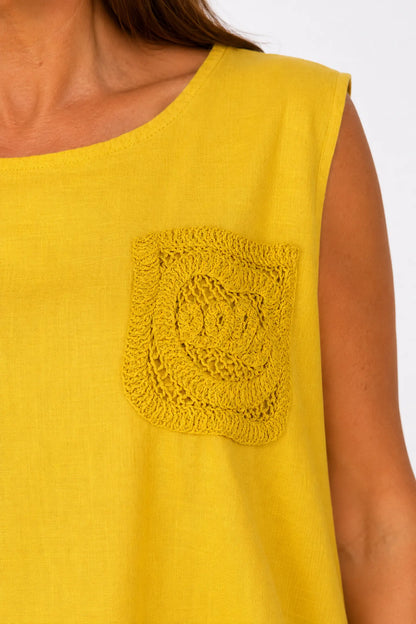 Linen Cotton Mix Button Back Embroidered Crochet Pocket Primrose Vest - Mustard