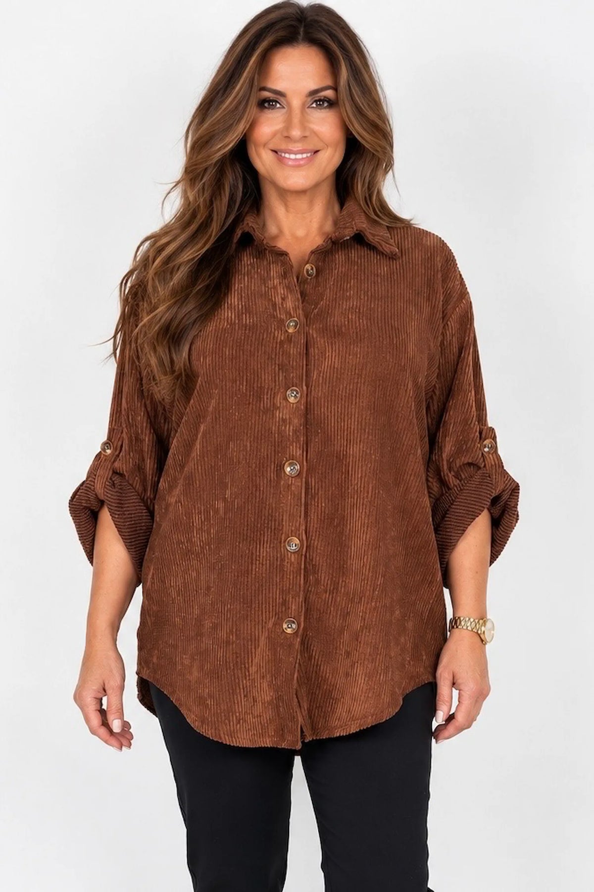 Button Sleeve Sicily Cord Button Shirt - Chestnut