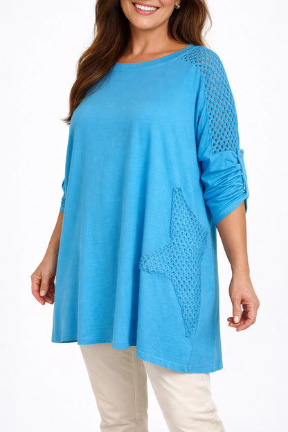 Cotton Crochet Detail Charmaine Button Sleeve Top - Turquoise