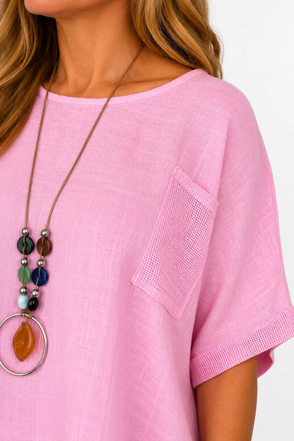 Pure Cotton Mesh Detail Pocketed Portofino Necklace Top - Baby Pink