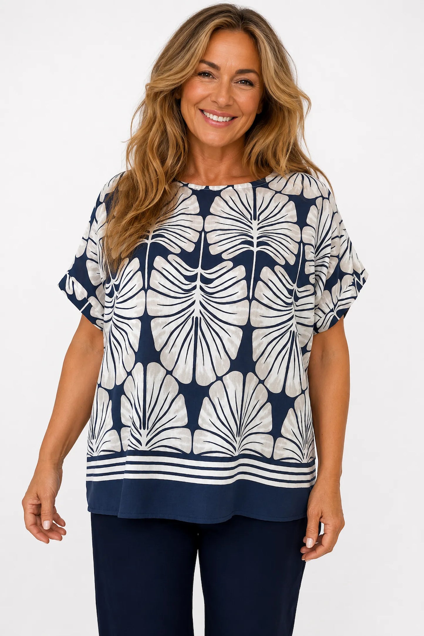 Sara Tropical Print Top - Navy