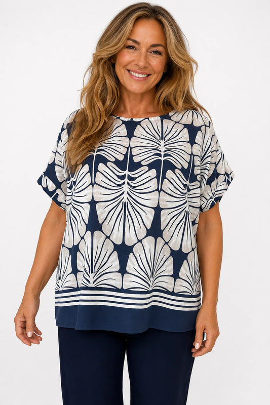Sara Tropical Print Top - Navy