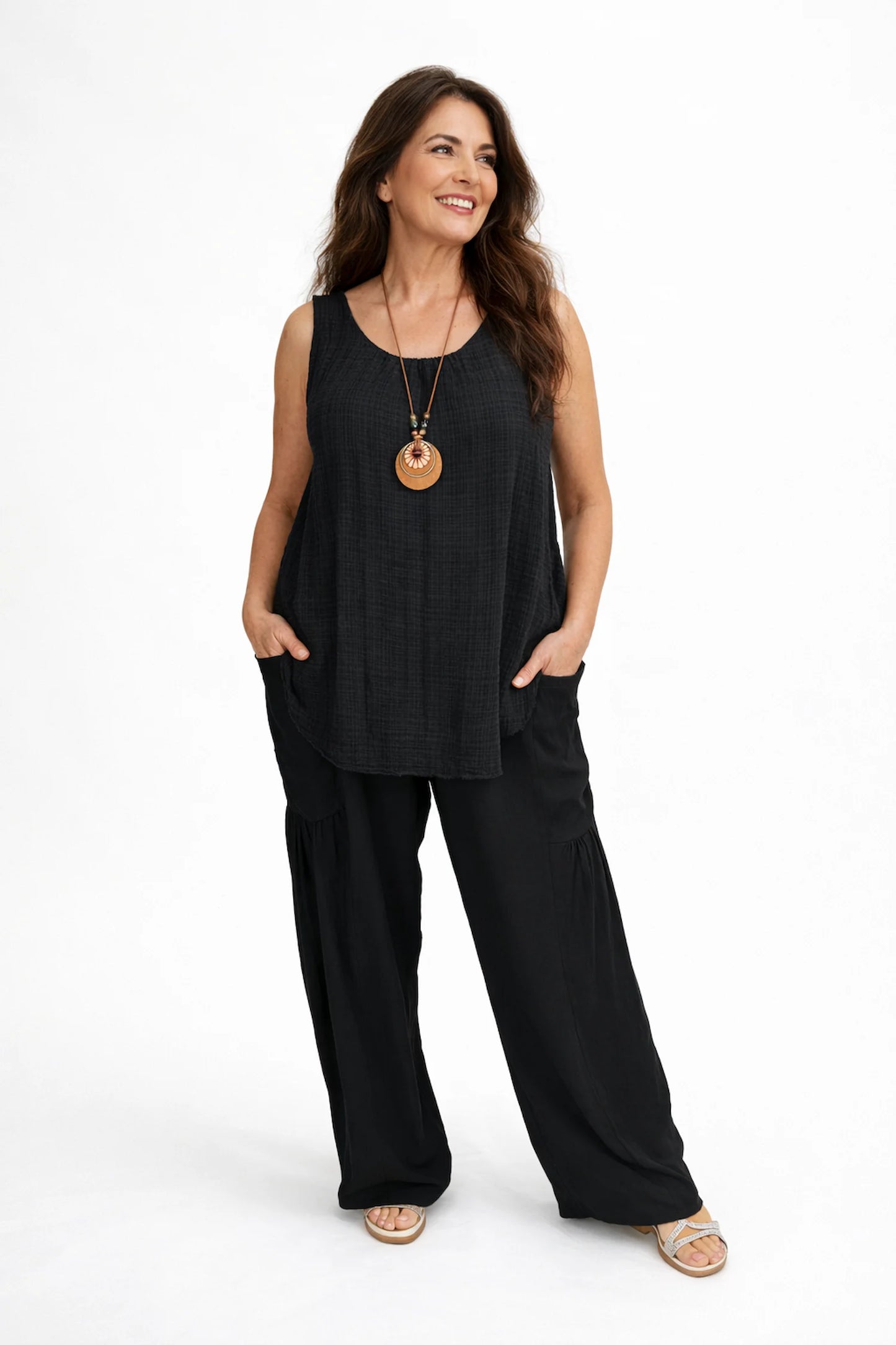 Double Patch Pocket Elasticated Waist Sienna Wide Leg Pants - Black