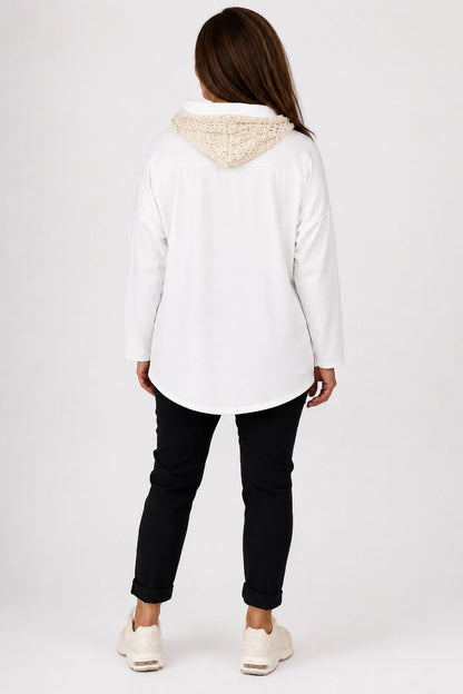 Crochet Hood/Hem Golden Flower Maxine Hoodie - White