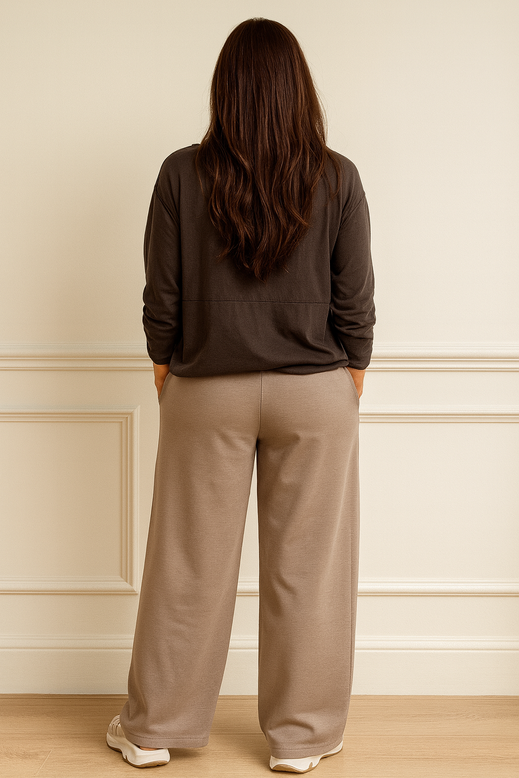 Capri Elasticated Waist Double Pocket Wide Leg Stretch Pant - Mocha