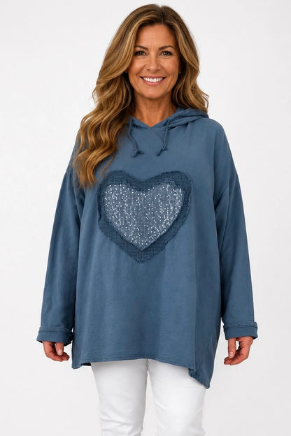 Cotton Sequin Heart Veronica Hoodie - Denim