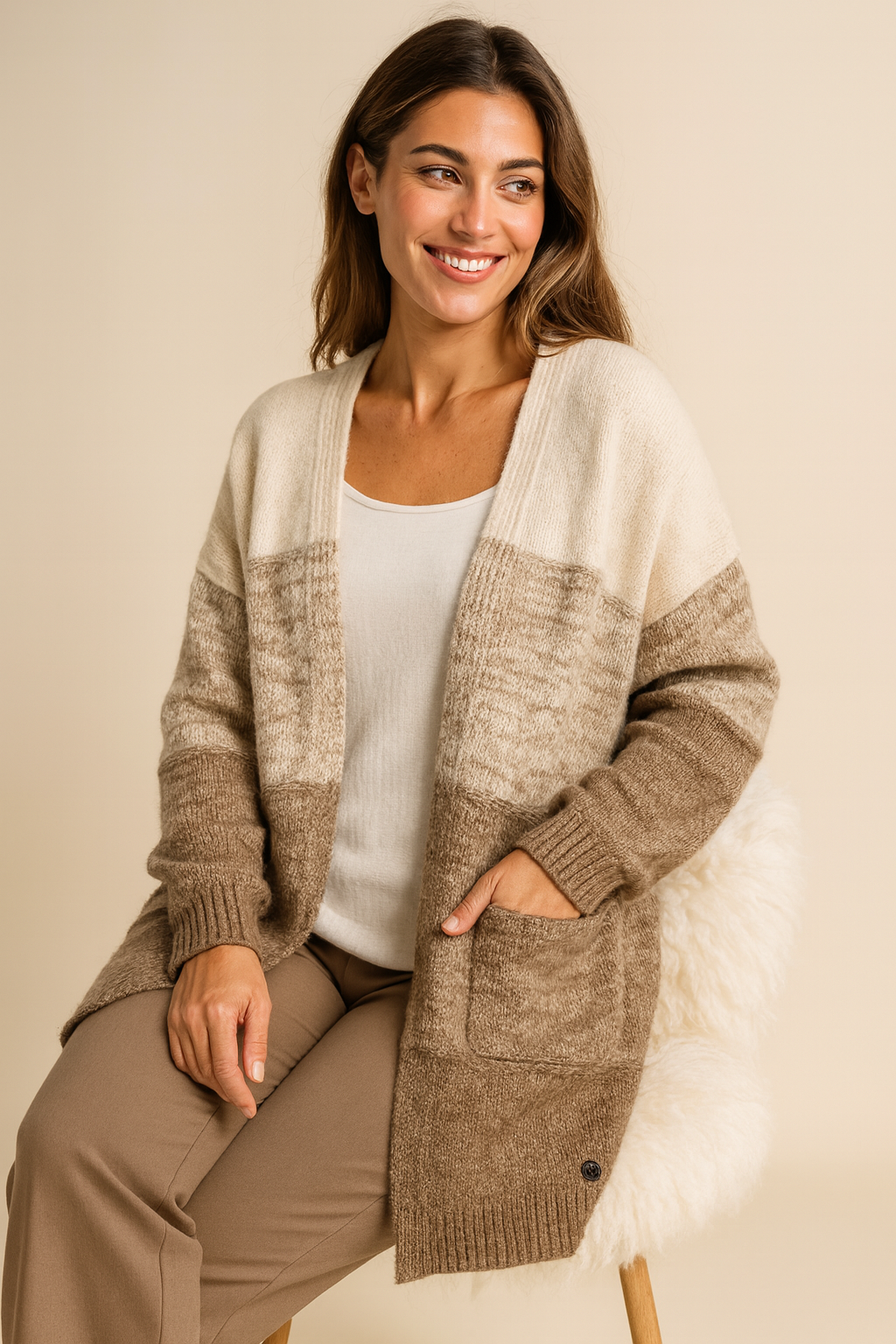 Wool Mix Double Pocket Oxford Cardigan - Mocha