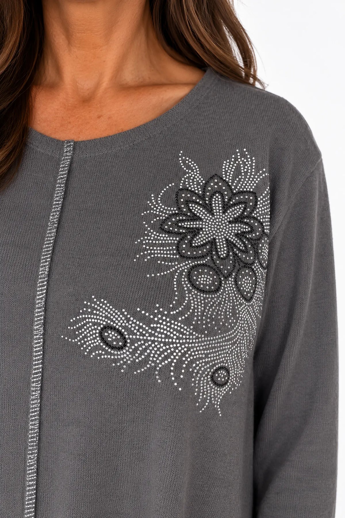 Wool Mix Diamanté Silver Stitch Ciana Top - Mocha