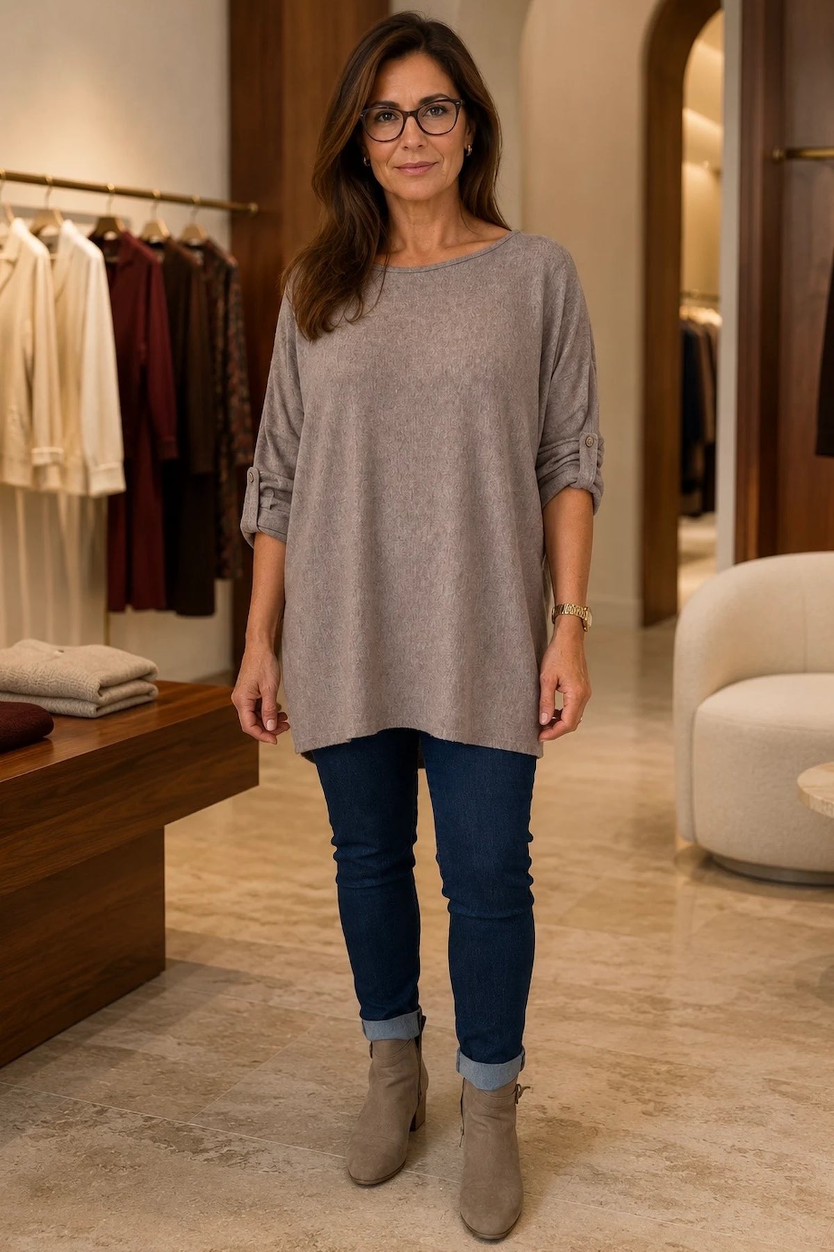 Fine Knit Button Sleeve Batwing Angelica Top - Mocha