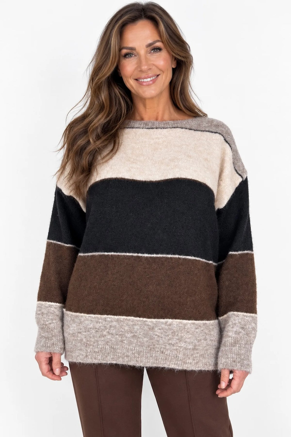 Wool Mix Stripe Marie Top - Fleck Mocha/Black/Chocolate/Beige