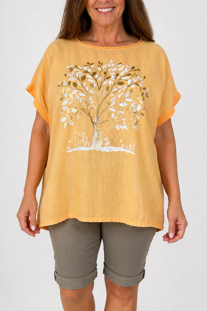 Linen Cotton Mix Diamanté Golden Leaf Carletta Top - Citrus Orange