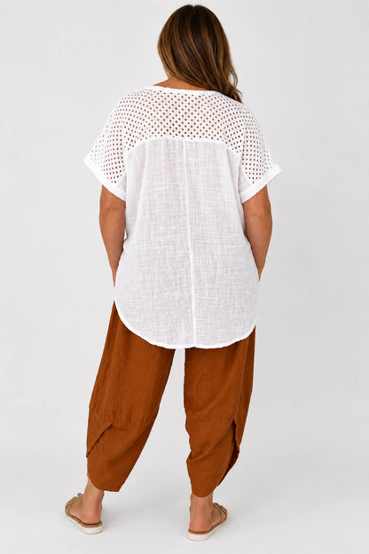 Pure Cotton Crochet Detail Francesca Necklace Top - White