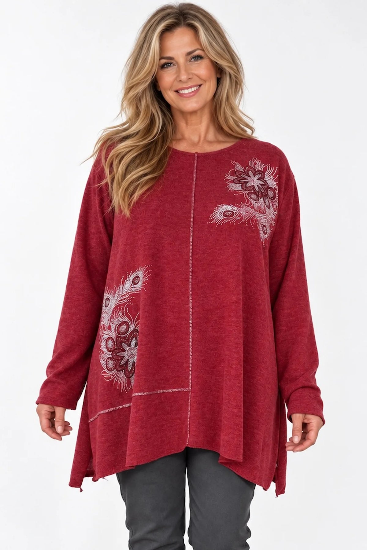 Wool Mix Diamanté Silver Stitch Ciana Top - Rich Red