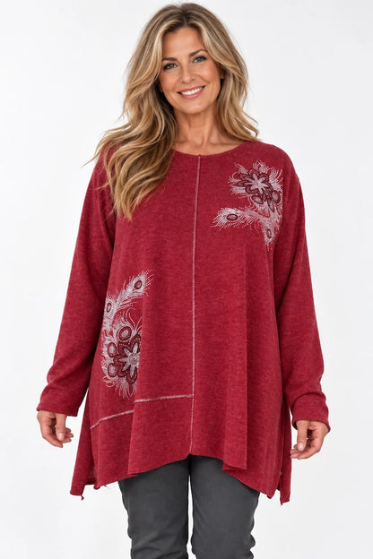 Wool Mix Diamanté Silver Stitch Ciana Top - Rich Red