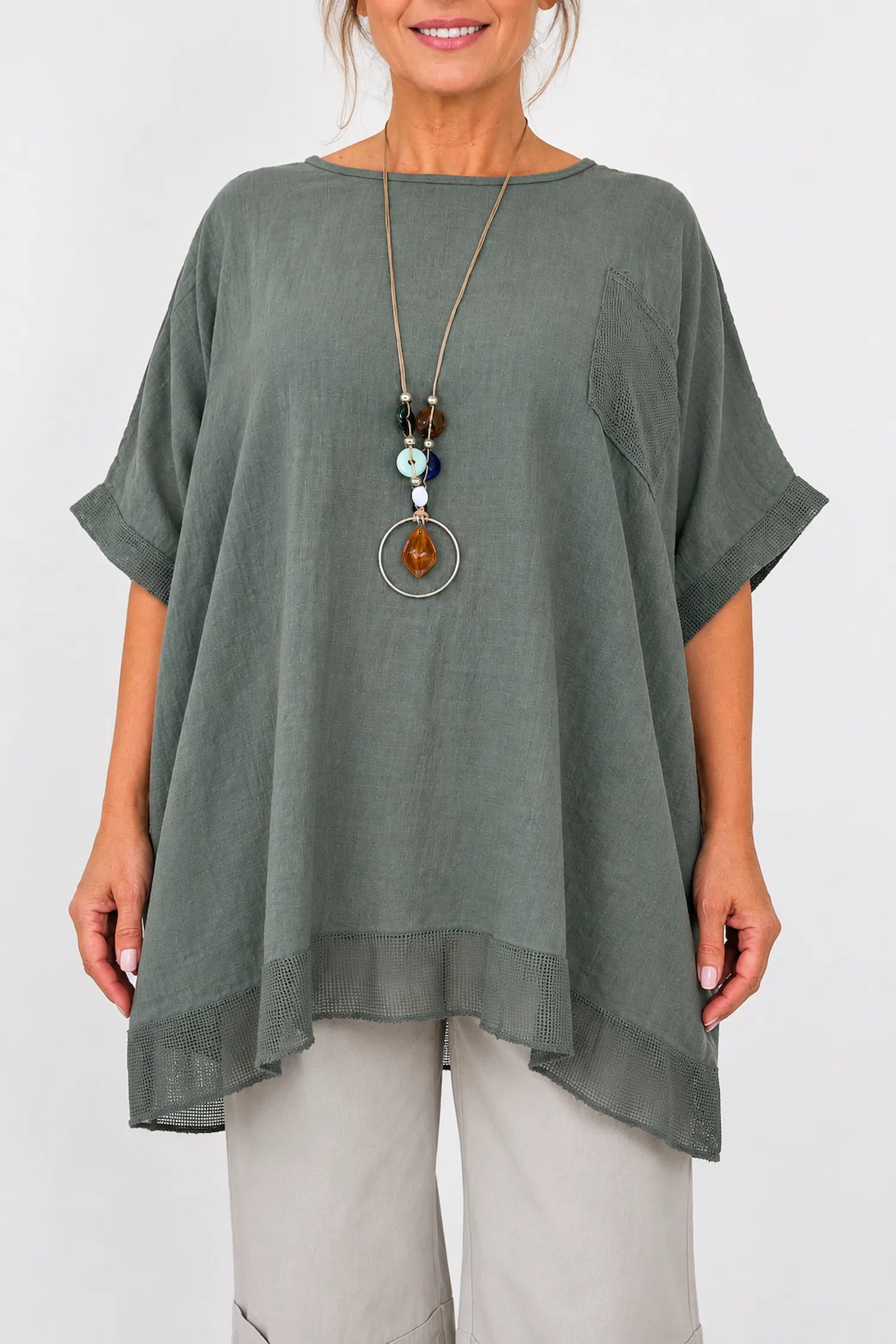 Pure Cotton Mesh Detail Pocketed Portofino Necklace Top - Khaki