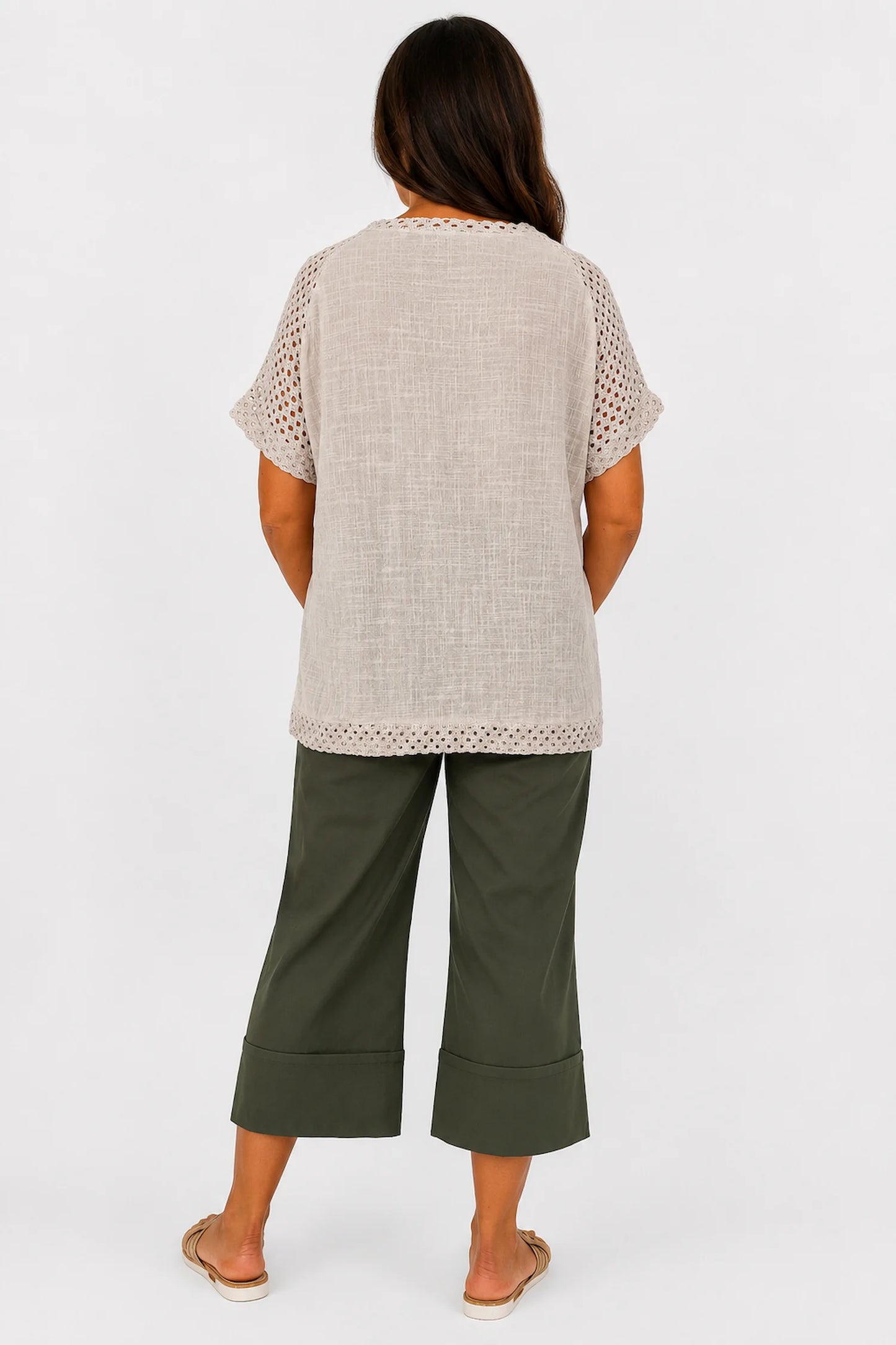 Pure Cotton Crochet Detail Button Pocket Palermo Top - Beige