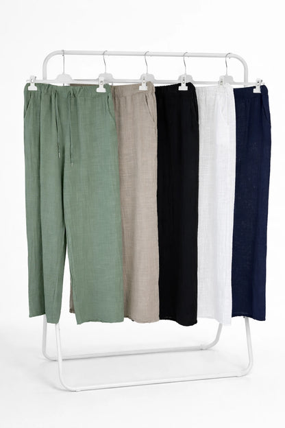 Linen Look Pure Cotton Drawstring Elasticated Waist Double Pocket Lucie Wide Leg Pant - White