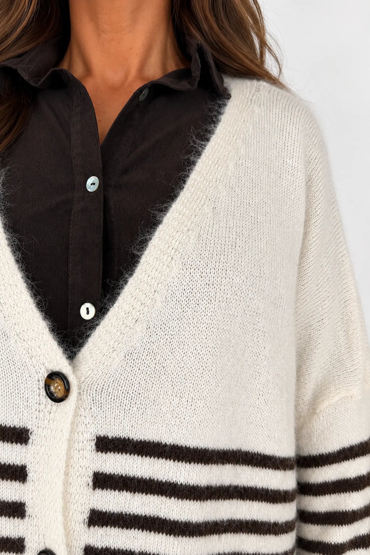Wool Mix Perla Stripe Button Cardigan - Beige
