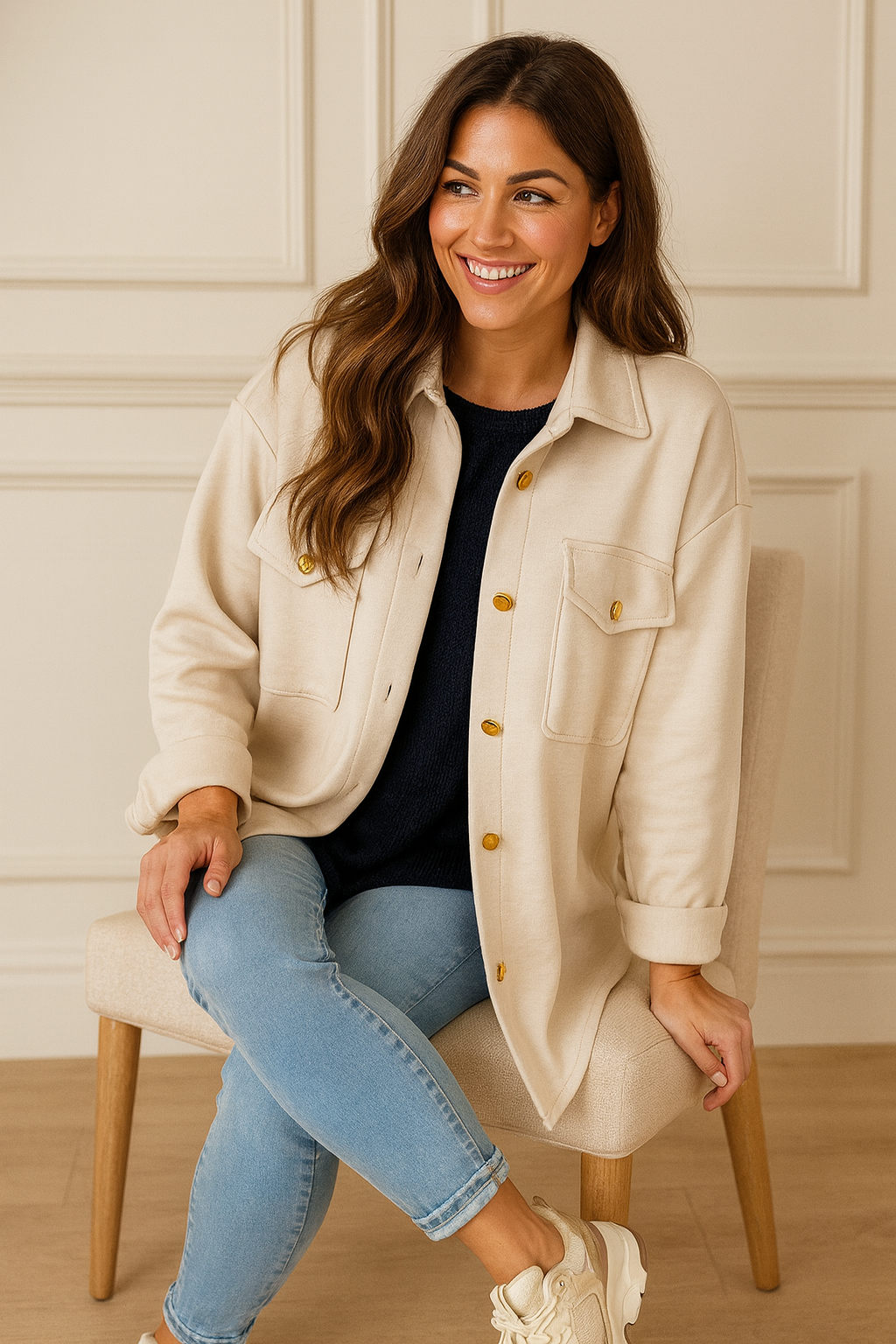 Premium Stitch Gold Button Double Pocket Verona Shacket - Beige