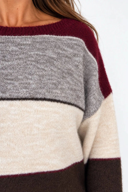 Wool Mix Stripe Marie Top - Wine/Mocha/Cream/Chocolate
