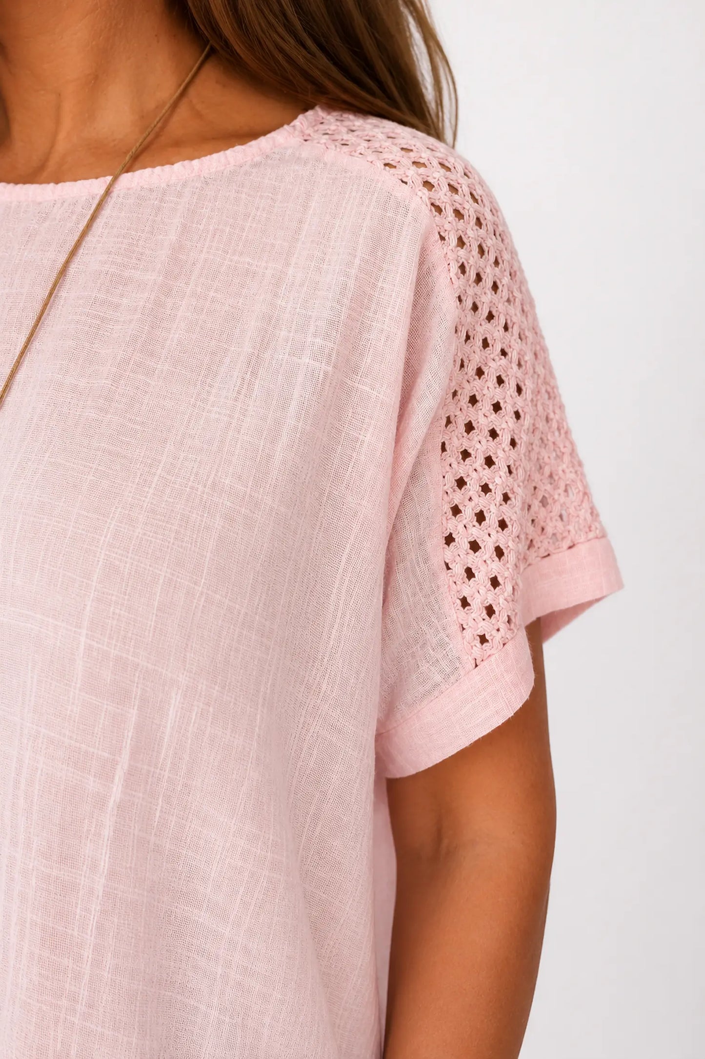 Pure Cotton Crochet Detail Francesca Necklace Top - Rosewood Pink