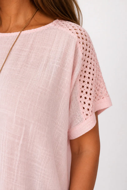Pure Cotton Crochet Detail Francesca Necklace Top - Rosewood Pink