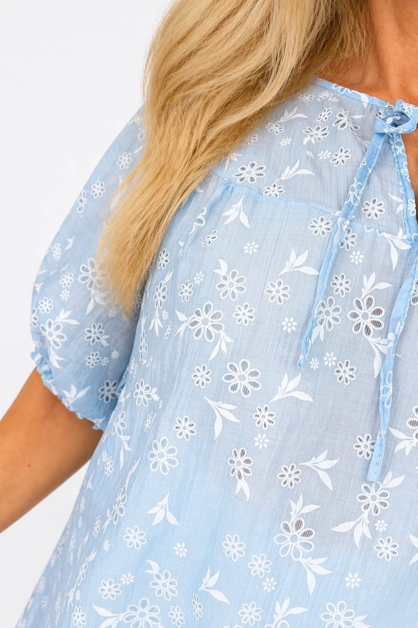 Embroidered Floral Tied Detail Calara Blouse - Baby Blue