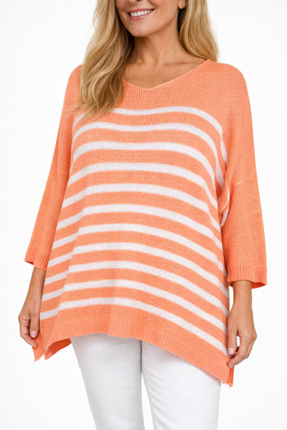 Cotton Serena Stripe Spring Knit Top - Apricot Coral