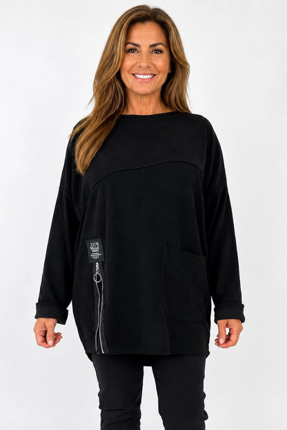 Zipped Hem Badge Detail Ciello Chenille Pocket Top - Black