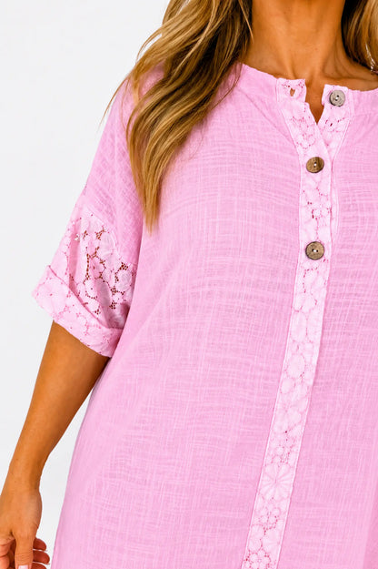 Linen Look Cotton Lace Sleeve Calabri Button Top - Baby Pink
