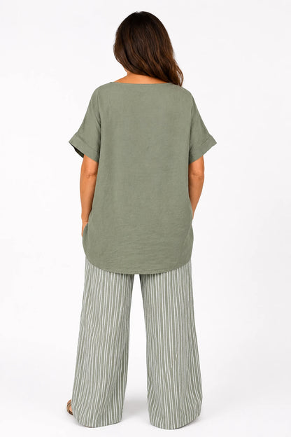 Linen Cotton Mix Mesh Detail Amalfi Pocket Top - Khaki