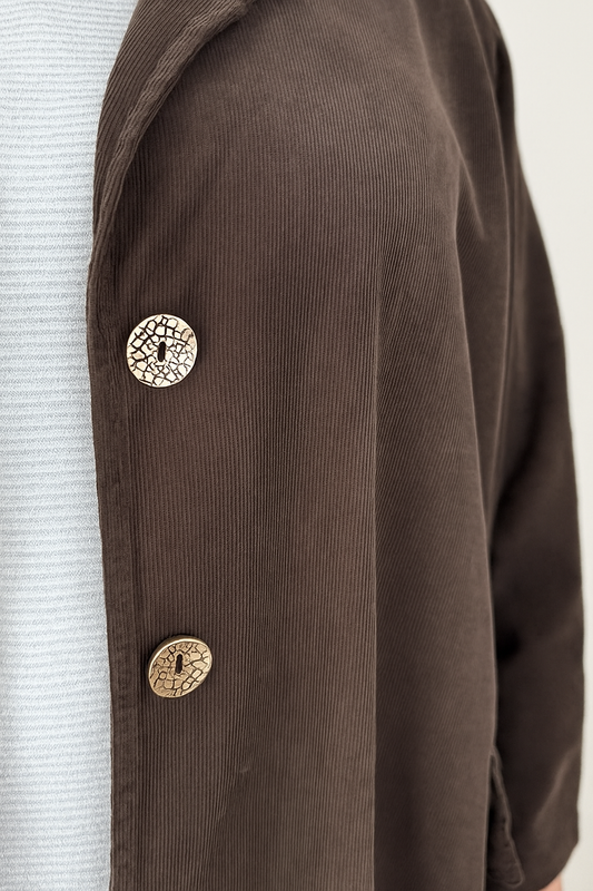 Pure Cotton Needlecord Gold Button Faux Side Pocket Felicity Jacket - Chocolate