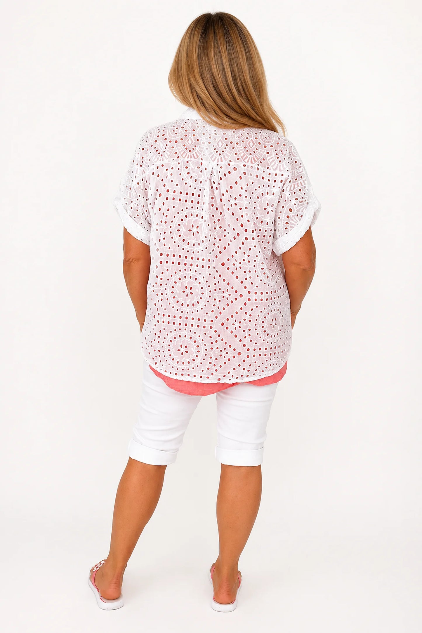 Pure Cotton Embroidery Anglaise Crochet Button Sleeve Milan Button Shirt - Santorini White