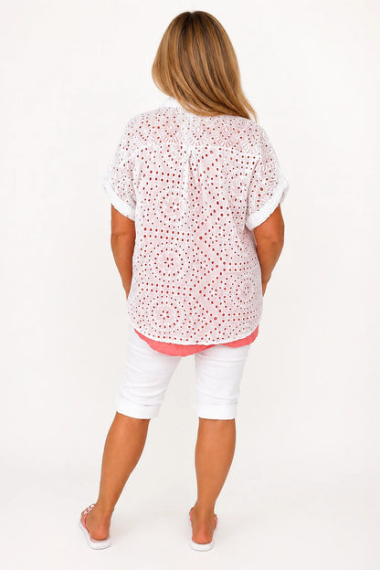 Pure Cotton Embroidery Anglaise Crochet Button Sleeve Milan Button Shirt - Santorini White