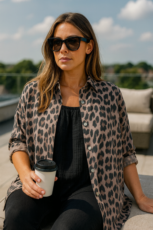 Premium Stitch Button Sleeve Lexi Leopard Print Shirt - Mocha