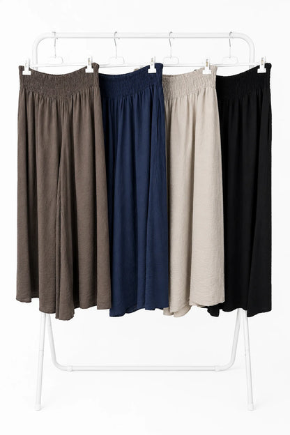 Elasticated Smocked Waist Wide Leg Flora Culotte Pants - Navy